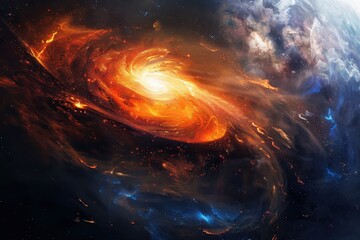 Wall Mural - Fiery Galaxy Swirls with Bright Center and Blue Accents