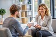 © hobonski - Empathetic Therapist Comforting Patient in Session. A caring therapist offers tissues to a male patient during an emotional therapy session, demonstrating support and empathy.