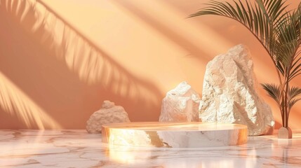 Poster - A serene space showcases a minimalistic podium, beautifully complemented by golden rocks and lively palm leaves, all illuminated by warm, natural sunlight casting gentle shadows