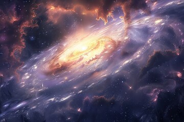 Wall Mural - Glowing spiral galaxy with bright center and stardust in deep space.