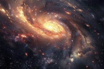 Wall Mural - Glowing spiral galaxy with bright center and dark dust clouds in deep space.