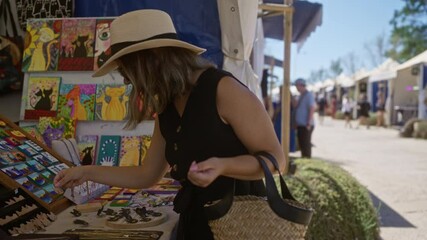 Wall Mural - Young hispanic woman browsing colorful art at an outdoor market in palma mallorca spain wearing a straw hat and black dress on a sunny day