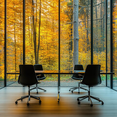 Nobody in empty modern stylish elegant contemporary business office with chairs and table, autumn fall forest trees nature seen through glass window. October, September, November workspace workplace