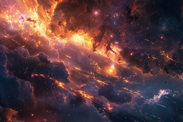 Wall Mural - Glowing orange and purple nebula with bright stars and dark clouds in deep space