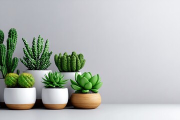 Poster - A minimalist indoor garden with potted succulents and cacti, a simple white backdrop, and natural wood elements for a clean, modern look