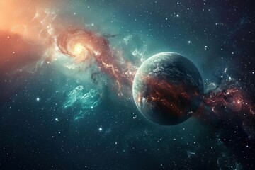 Wall Mural - a mesmerizing digital painting of a distant planet with vibrant cosmic swirls.