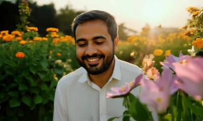 Wall Mural - Iraqi Man Smiling at Flower in Vibrant Garden SnorriCam Shot