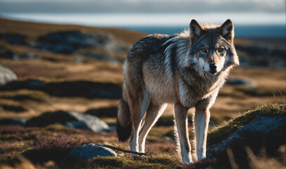 Wall Mural - a gray wolf stands on a grassy hillside, looking directly at the camera