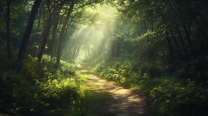 Poster - Sunbeams Illuminating a Path Through a Dense Forest