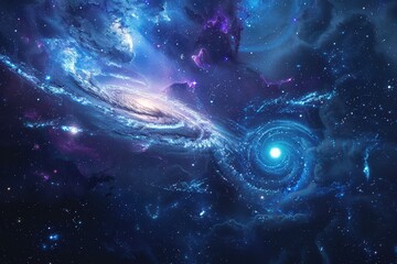 Wall Mural - Glowing spiral galaxy with blue and purple hues and bright shining stars