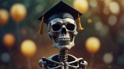 A skeleton in a graduation cap and gown, symbolizing achievement and celebration of education.