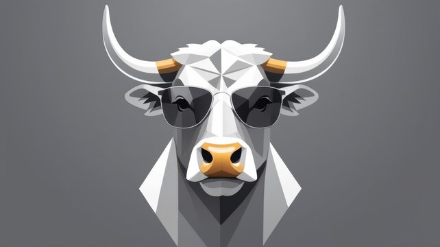 Geometric bull head with glasses and horns on a gray background.
