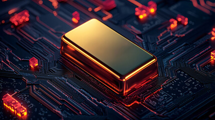 Poster - Close-up of a futuristic gold electronic microchip on a dark circuit board