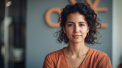 Confident young woman with curly hair wearing casual clothing