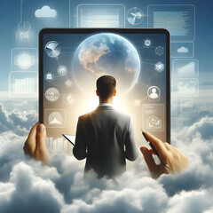 Poster - Photo Realistic as Salesperson with Presentation and Screen Share concept as An image of a salesperson with a presentation and screen share set against a dreamy background offering ample space for tex