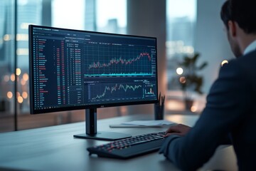 Wall Mural - A professional is actively engaged in financial analysis at a clean desk, utilizing a high-resolution monitor that showcases various financial graphs and trading data