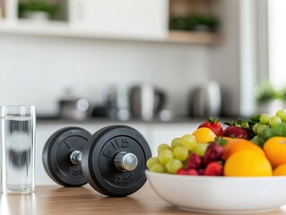 Wall Mural - A person lifting weights in a home gym with detox water and a bowl of fruits nearby, representing the balance of strength training and detox