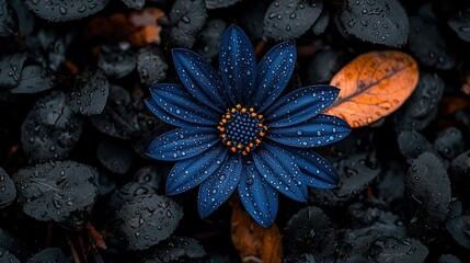 Sticker -   A close-up of a blue flower with droplets of water on it and a leaf lying nearby