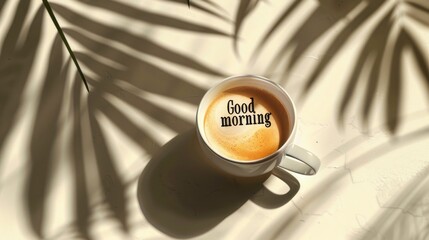 Aufkleber - A warm cup featuring the words Good morning sits invitingly on a light surface, beautifully accentuated by gentle shadows from nearby foliage. Morning light enhances the cozy atmosphere
