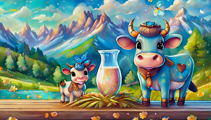 Wall Mural - OIL PAINTING STYLE Cartoon character Milk with hay on wooden table and cute cow grazing in meadow