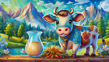 Wall Mural - OIL PAINTING STYLE Cartoon character Milk with hay on wooden table and cute cow grazing in meadow