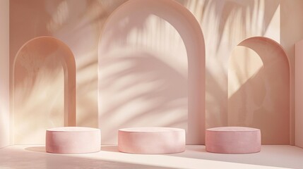 Aufkleber - A serene composition showcases three round pastel pink benches arranged in a minimalist space. Soft shadows dance on the walls, creating a tranquil atmosphere perfect for contemplation