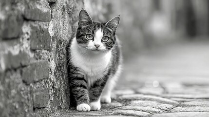 Sticker -   A monochrome image of a feline perched on a cobblestoned road beside a brick backdrop