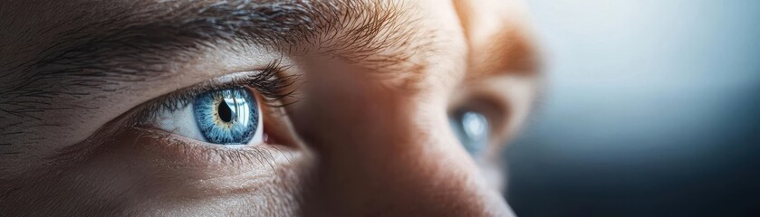 Intense close-up of a manager's eyes reflecting safety signs, manager, development, safety, focus, commitment