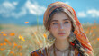 © amila - Portrait of Young Armenian Model in Local Summer Outfit, Standing in Summer Grass Field with Mountains in Background, Showcasing Rural Highland Lifestyle and Elegance in Natural Sunlight