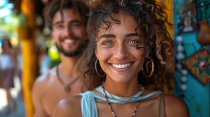 Two joyful friends enjoying a lively market surrounded by vibrant colors and local crafts in a sunny location. Generative AI