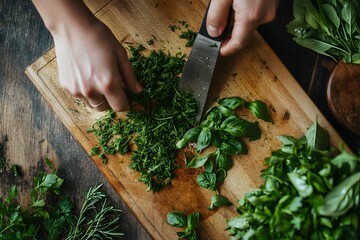 Canvas Print - a person chopping fresh herbs on a wooden cutting board, with vibrant green leaves scattered