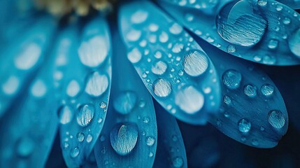 Sticker -   A detailed image of a blue flower with droplets of water and a yellow flower as the focal point in the foreground