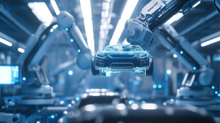 A high-tech car factory with robotic arms, holographic screens displaying design data and product models in the air above production lines