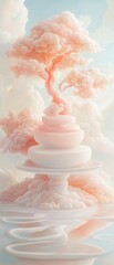 Wall Mural - A pink tree is floating in the sky with a white cloud
