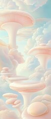 Wall Mural - a painting of mushrooms in the sky with a light blue background