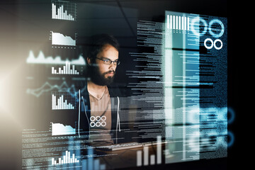 Poster - Man, programmer and night with overlay on computer for data, future development or analytics at office. Male person or developer working late on futuristic technology, hud or dashboard for software