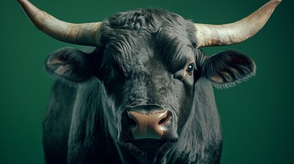 A close-up of a black bull with prominent horns against a green background.