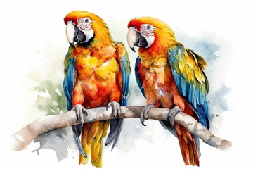 Naklejka na meble Two parrots birds on an isolated white background, watercolor illustration, hand drawing