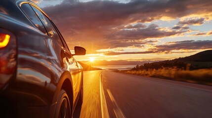 Car driving along a scenic coastal road at sunset during a summer road trip