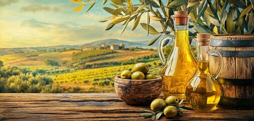 Bottle of olive oil, bowl of freshly harvested olives on wooden table, Italian landscape with copy space