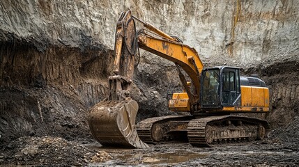 A large excavator operates in a construction site, digging into the earth.