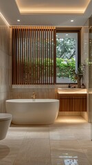 Poster - Experience the serene luxury of this bathroom, adorned with wooden slats and bathed in natural light, creating a tranquil oasis for relaxation and rejuvenation