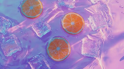 Wall Mural -   Oranges on ice in blue-pink water