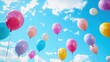 © Olga - A group of balloons drifting in the sky against a blue backdrop with cloudy scenery behind