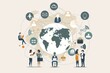 © SKIMP Art - A flat illustration of business people working together across the globe, interconnected by circular lines and connected to each other with various symbols like an phone, laptop Generative AI