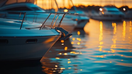 A serene marina scene at sunset with boats reflecting on the water.