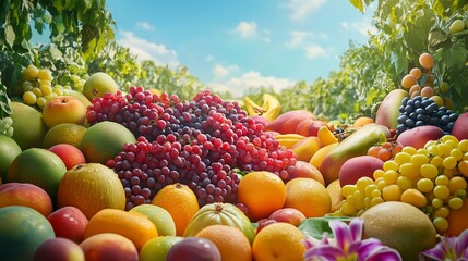 Wall Mural - Freshly harvested fruits displayed under a sunny sky in a lush vineyard during autumn