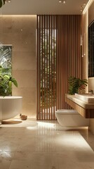 Aufkleber - A modern bathroom blends elegance and comfort, featuring wooden slats for texture, a freestanding tub, and lush greenery visible through large windows