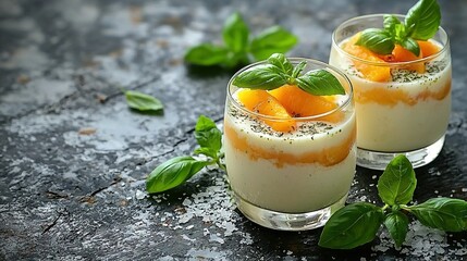 Wall Mural -   Two glasses of food, garnished with oranges and greens on a dark surface, with added garnish