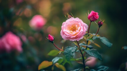 Wall Mural - A close-up of a pink rose and budding flowers, showcasing nature's beauty and tranquility.